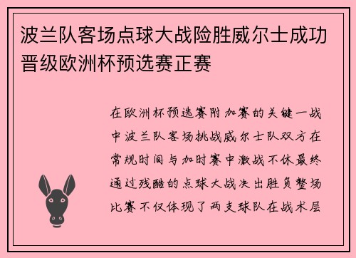波兰队客场点球大战险胜威尔士成功晋级欧洲杯预选赛正赛 波兰队客场点球大战险胜威尔士成功晋级欧洲杯预选赛正赛