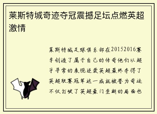 莱斯特城奇迹夺冠震撼足坛点燃英超激情
